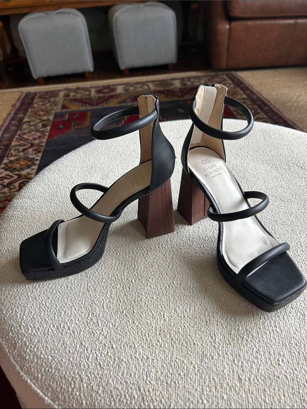 OS Society Black Strappy Block Heel Sandals with Wood-Effect Heel